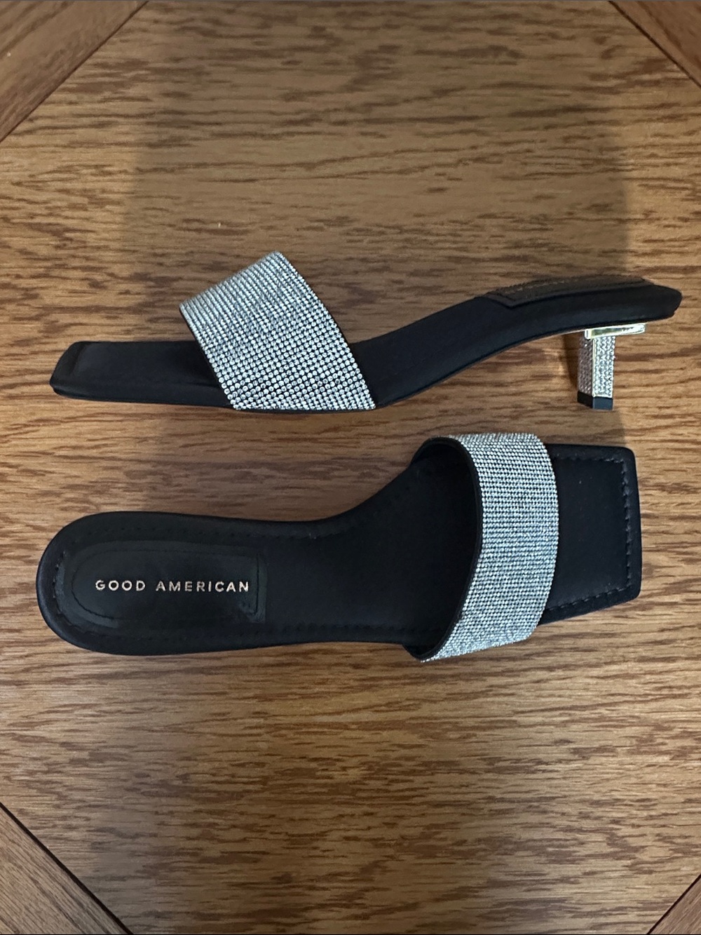 *GOOD AMERICAN* Black x Silver Crystal Strap Kickstand Slide Sandals Size 11